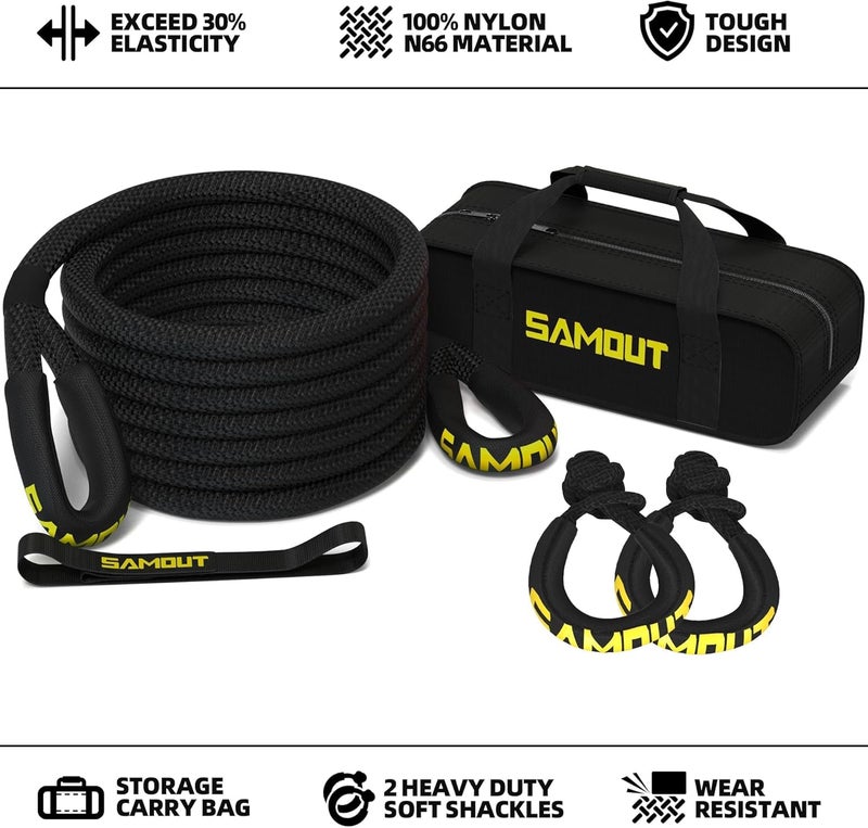 SAMOUT Kinetic Recovery Rope (48000Lbs 1in x 30ft) + 2PCS Synthetic Soft Shackle, Extreme Duty 30% Elasticity Energy Snatch Strap for 4x4 Offroad Vehicle - Image 2